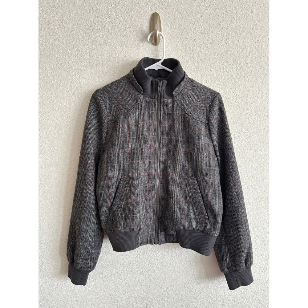 Sashimi Gray Plaid Herringbone Wool Blend Bomber Full Zip Jacket Retro Preppy M